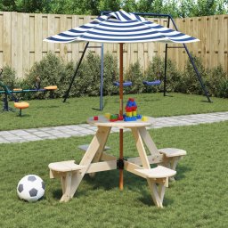 Masa picnic pentru 4 copii cu umbrela, rotunda, lemn masiv brad GartenMobel Dekor