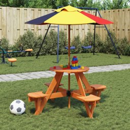 Masa picnic pentru 4 copii cu umbrela, rotunda, lemn masiv brad GartenMobel Dekor