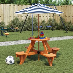 Masa picnic pentru 4 copii cu umbrela, rotunda, lemn masiv brad GartenMobel Dekor