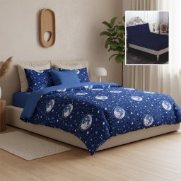 Lenjerie de pat finet Galaxy 6 piese, cu cearceaf elastic, albastru