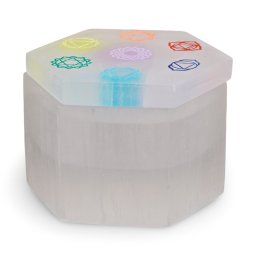 Cutie hexagonala gravata cu cele sapte chakre din Selenit, 7cm