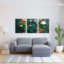 Set tablou decorativ Re-Bloom, 3 piese, MDF, verde/auriu, 40 x 90 cm