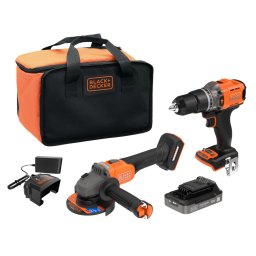 Set scule cu acumulator 18V Black Decker BCK24E1SB-QW, masina de gaurit cu percutie cuplu 45 Nm, polizor disc de 115mm, motor fara perii, 1 x acumulator 2.5 Ah, incarcator, geanta transport