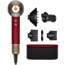 Uscator de par Dyson Supersonic Nural HD16 RdVe/Gd Straight+Wavy 493117-01, 1600 W, 3 viteze, 4 temperaturi, Ioni negativi, 5 accesorii, Protectie pentru scalp, Rosu catifelat/Auriu