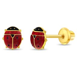 Cercei din Aur 14K pentru Copii, model Buburuza cu Email Rosu si Negru, inchidere cu Filet si Protectie