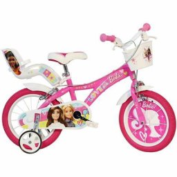 Bicicleta pentru copii 14 inch Barbie roz, cu roti ajutatoare si cosulete