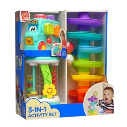Set educativ 3 în 1 pentru bebe: autobuz sortator, cilindru si turnulet cu bile