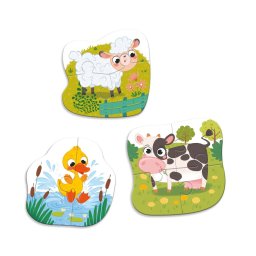 Puzzle 3 in 1 cu animale de la ferma pentru copii, 2, 3 si 4 piese