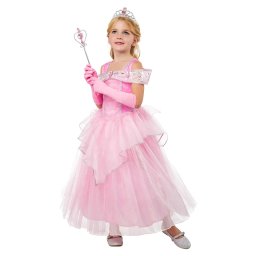 Costum de carnaval printesa roz pentru fete, cu tiara si manusi elegante