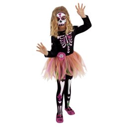 Costum de carnaval Schelet pentru fetita, cu rochita, dres si masca