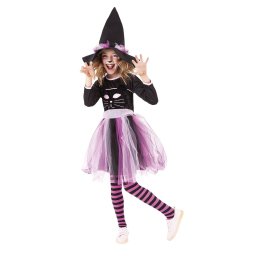 Costum de vrajitoare pisicuta pentru fete, cu rochie si palarie