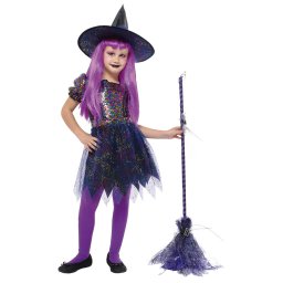 Costum de vrajitoare sclipitoare pentru fete, cu palarie si dres