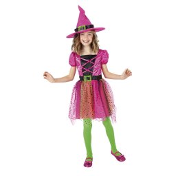 Costum de vrajitoare roz pentru fete, cu palarie, pentru carnaval