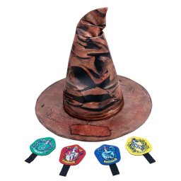 Palarie magica Harry Potter cu 4 insigne Hogwarts, set licentiat