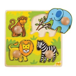 Puzzle din lemn Safari cu manere, 4 piese, pentru copii 12 luni+