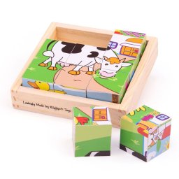Puzzle cubic din lemn cu animale domestice pentru bebelusi 10 luni+