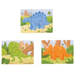 Set 3 puzzle-uri din lemn cu dinozauri pentru copii 2+ ani