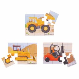 Set 3 puzzle-uri din lemn cu vehicule de constructii pentru copii 2+
