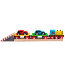 Trenulet din lemn cu platforma auto si masinute, Bigjigs Toys