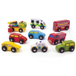 Set 9 vehicule din lemn BigJigs pentru jocuri de rol creative