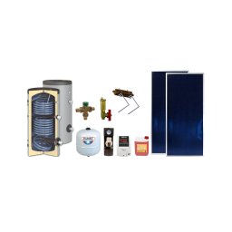Pachet solar 200 L 2 panouri plane 2 m² BlauTech KIT S28 boiler HeizTech cu 2 serpentine grup pompare controler lichid solar set fixare