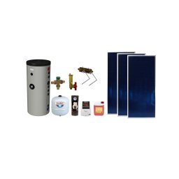 Pachet solar 300 L 3 panouri plane 2 m² BlauTech Plus KIT S29 boiler Hajdu cu 2 serpentine grup pompare controler lichid solar set fixare