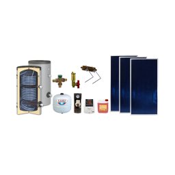 Pachet solar 300 L 3 panouri plane 2 m² BlauTech Plus KIT S30 boiler HeizTech cu 2 serpentine grup pompare controler lichid solar fixare