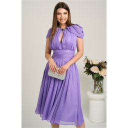Rochie DY Fashion midi lila din voal in clos cu accesoriu si decupaj la decolteu