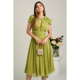 Rochie DY Fashion midi verde lime din voal in clos cu accesoriu si decupaj la decolteu