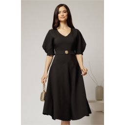 Rochie midi neagra eleganta cu fusta clos, decolteu adanc in V si maneci bufante