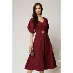 Rochie midi bordo eleganta cu fusta clos, decolteu adanc in V si maneci bufante