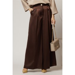 Pantaloni dama maro din satin cu croi larg
