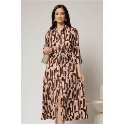 Rochie de zi midi bej cu imprimeuri bordo tip camasa cu cordon in talie