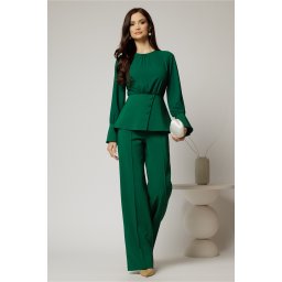 Compleu verde din stofa cu bluza din voal cu peplum si pantaloni lejeri
