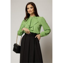 Bluza DY Fashion verde fistic cu volanas maxi la decolteu din voal plin