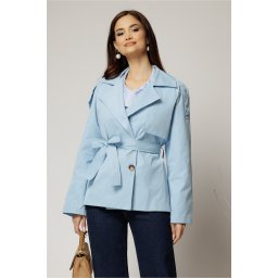 Trench scurt bleu cu rever si cordon in talie