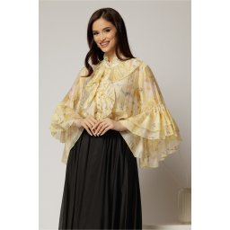 Camasa galbena cu imprimeuri florale si volanase la maneci si bust