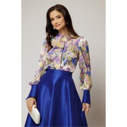 Camasa DY Fashion din voal cu imprimeuri mov si mansete in contrast