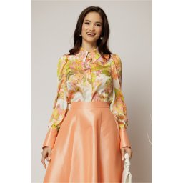 Camasa DY Fashion din voal cu imprimeuri oranj si mansete in contrast