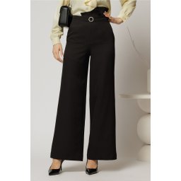 Pantaloni DY Fashion negri cu croi evazat si catarama in talie
