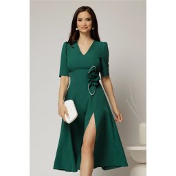 Rochie DY Fashion verde midi cu detaliu floral pe talie si decolteu in V