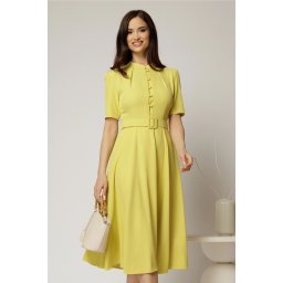 Rochie DY Fashion midi galben lime in clos din triplu voal cu nasturi la bust si curea in talie