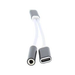 Adaptor USB-C Tata - Jack 3.5mm Mama si USB-C Mama, 13cm, Alb / Negru, Well
