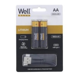 Acumulator AA (R6) Li-ion 14500 1.5V 1660mAh, 2500mWh, Incarcare USB-C, 2 Bucati, Well