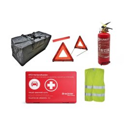 Kit 6 piese Siguranta Rutiera compus din Stingator, Trusa Medicala, Triunghi Reflectorizant, Vesta Reflectorizanta si Geanta de depozitare
