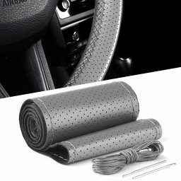 Husa volan din PIELE GRI + ATA GRI, diametru 37 - 39 cm (se coase, aspect ORIGINAL)