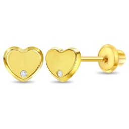Cercei din Aur 14K pentru Copii si Bebelusi, model Inima cu Diamant, inchidere cu Filet si Protectie