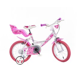 Bicicleta pentru fete 16 inch roz cu inimioare, roti ajutatoare si cosulete