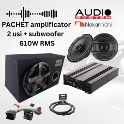 Pachet audio auto 2 usi cu amplificator Carbon 200.4, subwoofer si cablaje plug&play