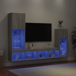 Unitati de perete TV cu LED-uri, 4 piese, gri sonoma, lemn GartenMobel Dekor